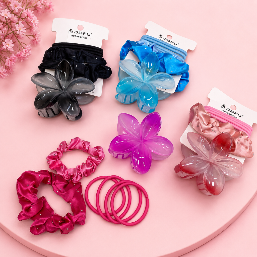 Kit presilha flor cores + elásticos fino e cetim - Dafu 