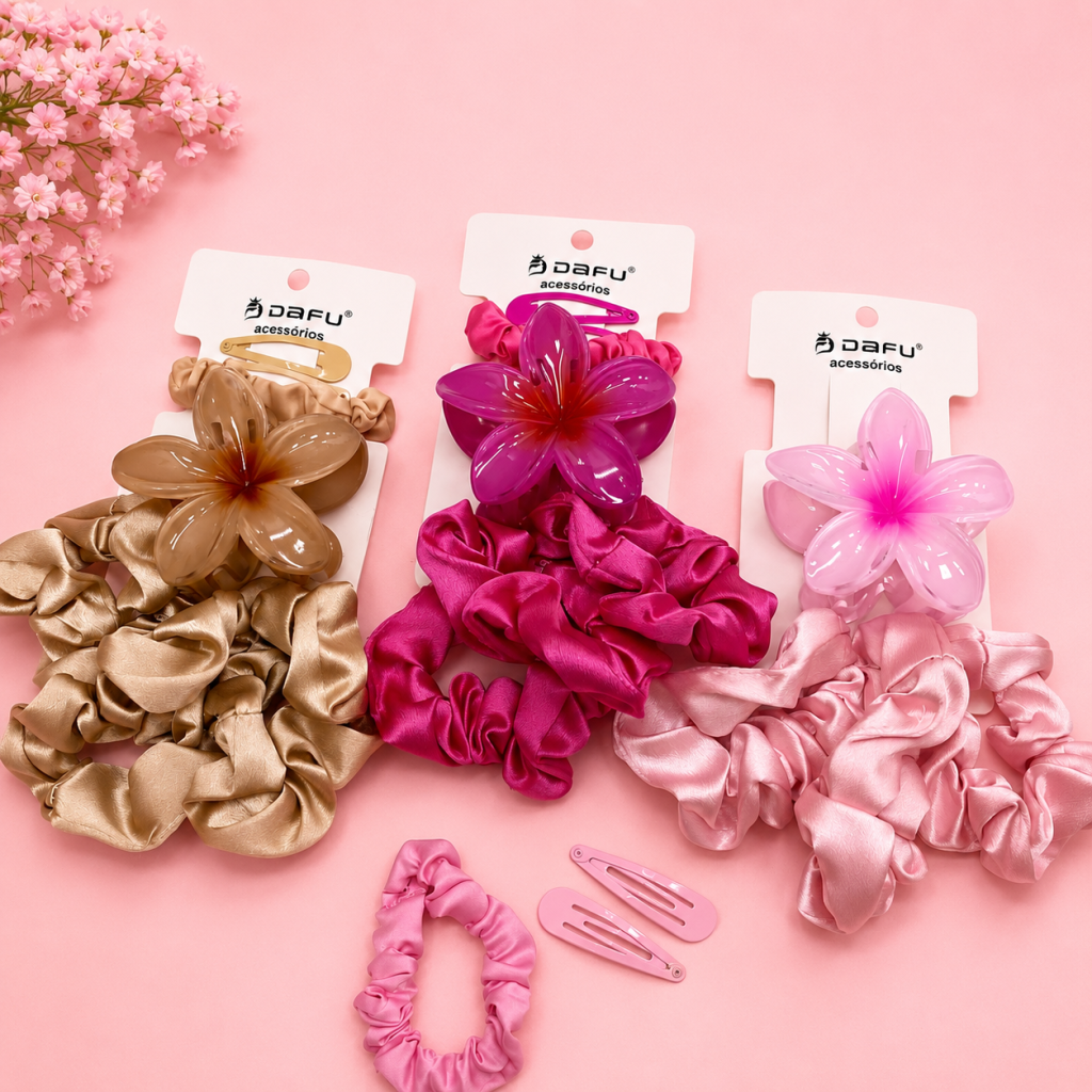 Kit presilha flor com detalhe + elástico de tecido e tic tac - Dafu