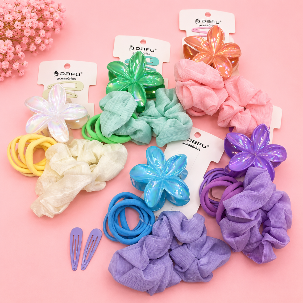 Kit presilha flor cores + elástico tecido e tic tac - Dafu