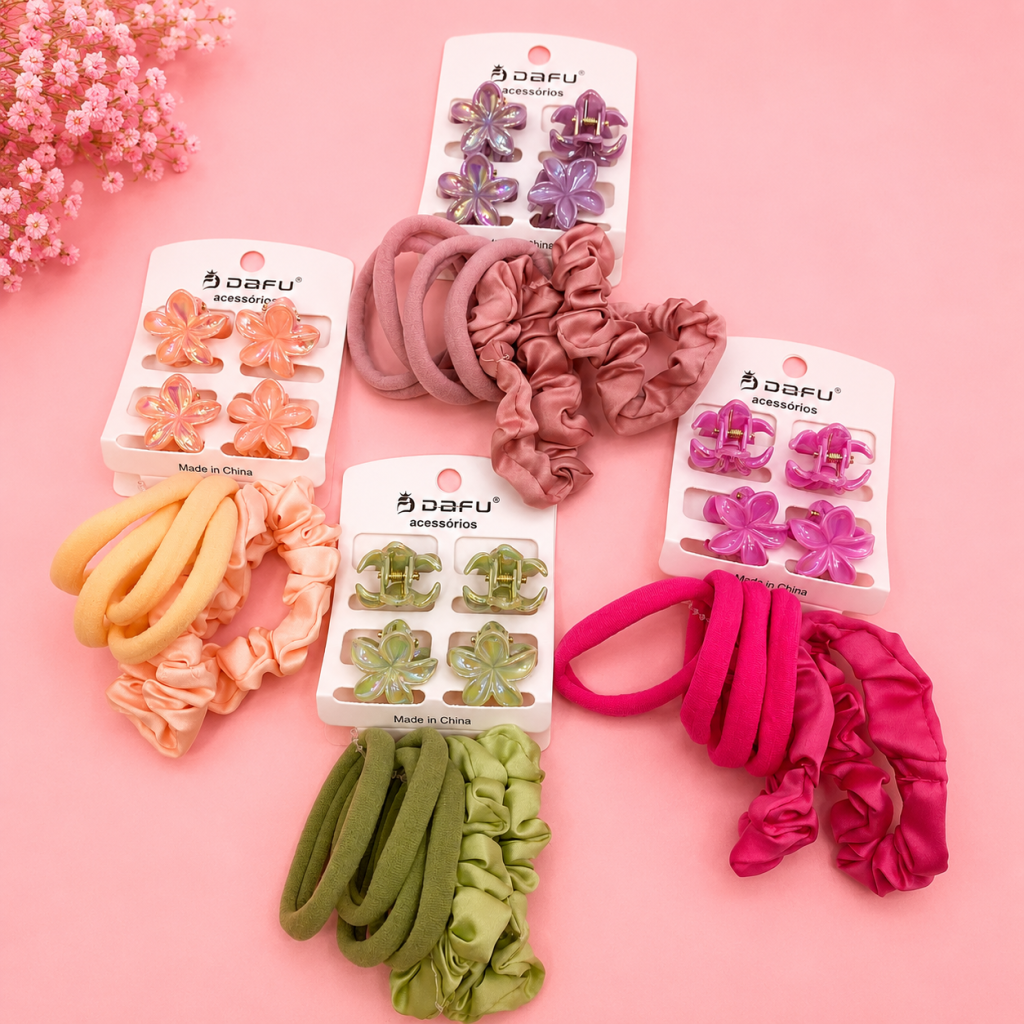 Kit mini presilha flor + elástico tecido e cetim - Dafu