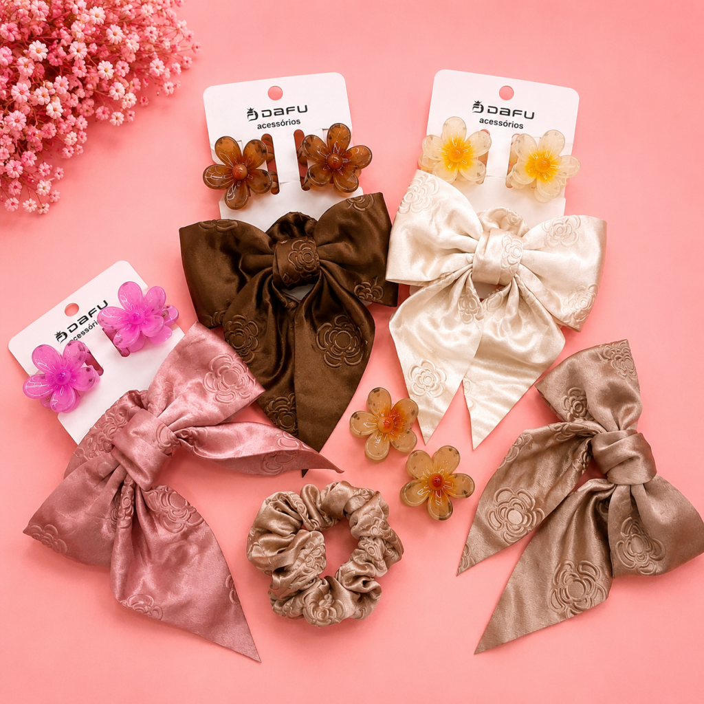 Kit presilha flor + elástico tecido e laço desenhado - Dafu 