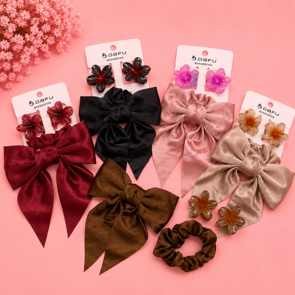 Kit presilha pequena de flor + elástico cetim e laço - Dafu