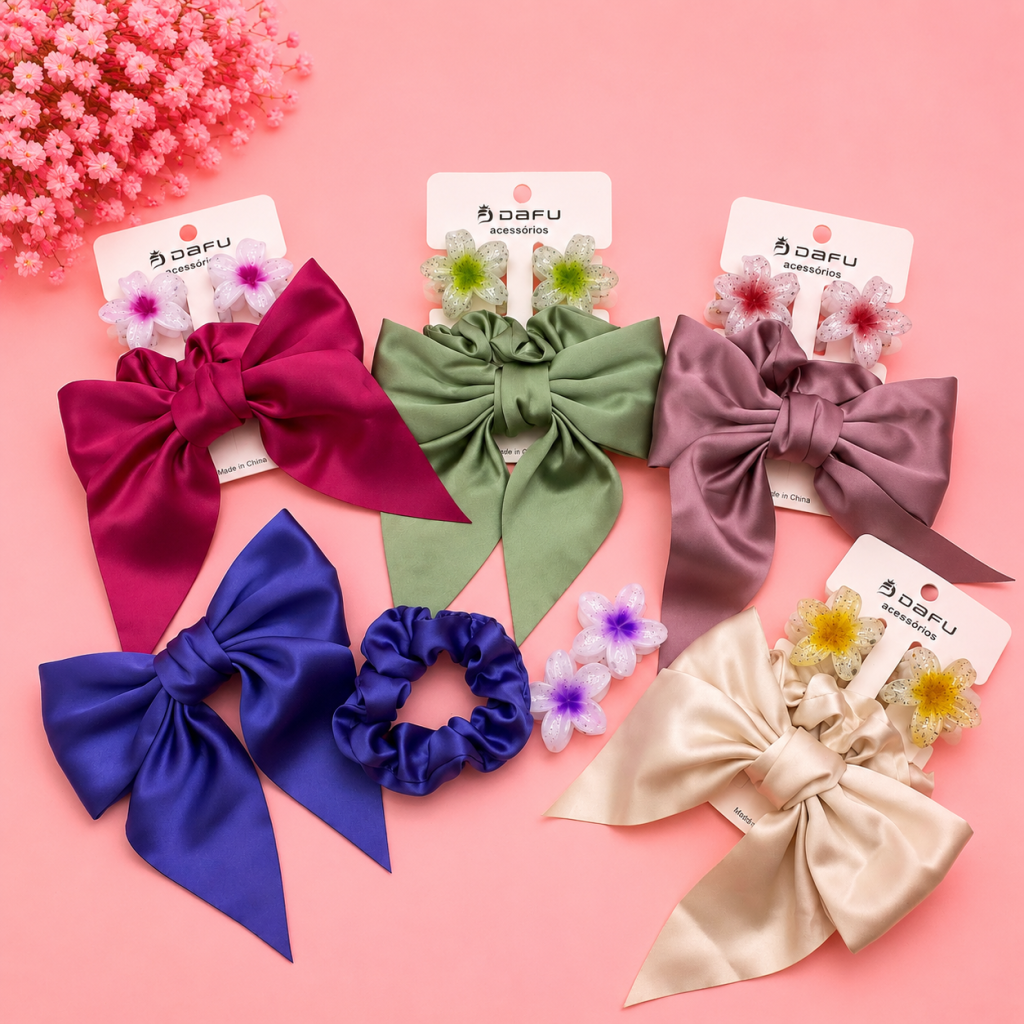 Kit presilha flor com glitter + elástico cetim e laço - Dafu