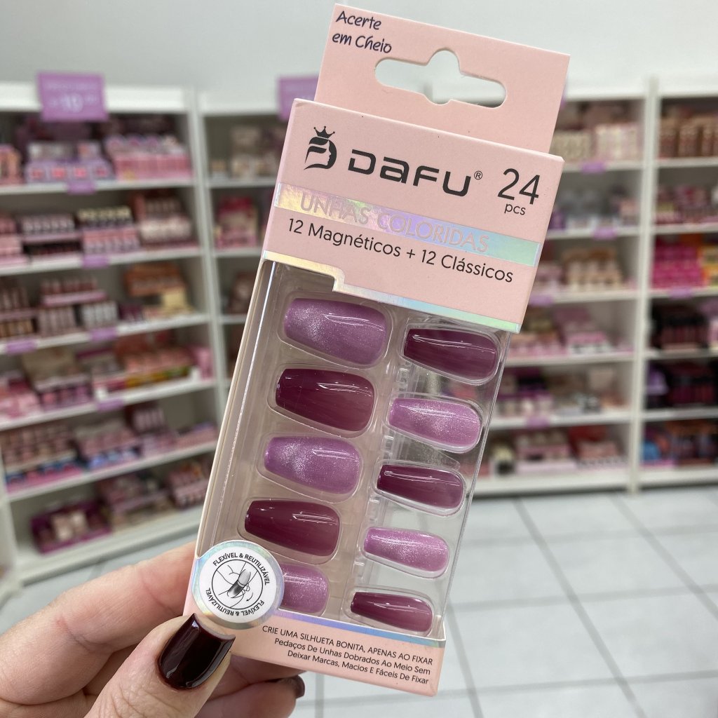 Unha Postiça Bailarina Curto Efeito Magnético Rosa E Vinho - Dafu UP0218