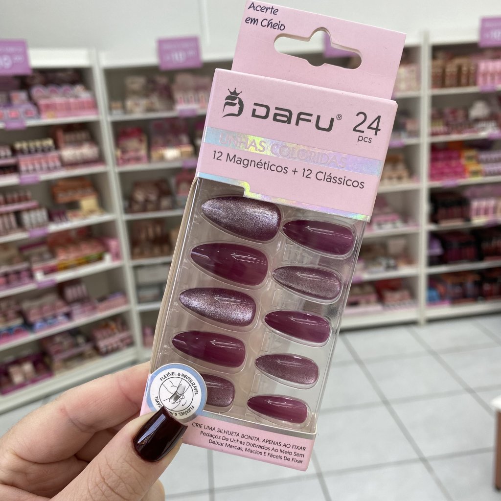 Unha Postiça Almond Efeito Magnético Vinho E Prateado 24pçs - Dafu UP0220