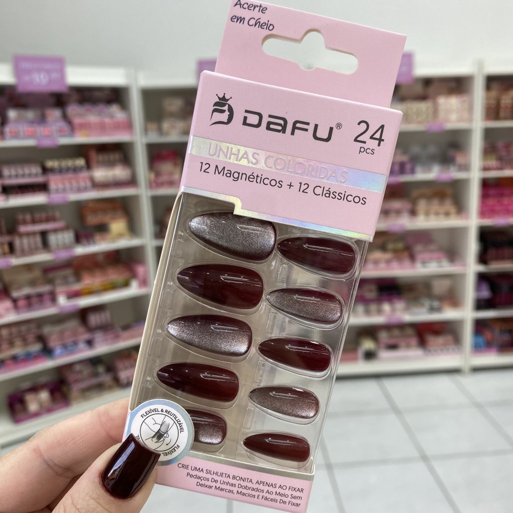 Unha Postiça Almond Efeito Magnético Vinho Escuro E Brilho 24pçs - Dafu UP0221