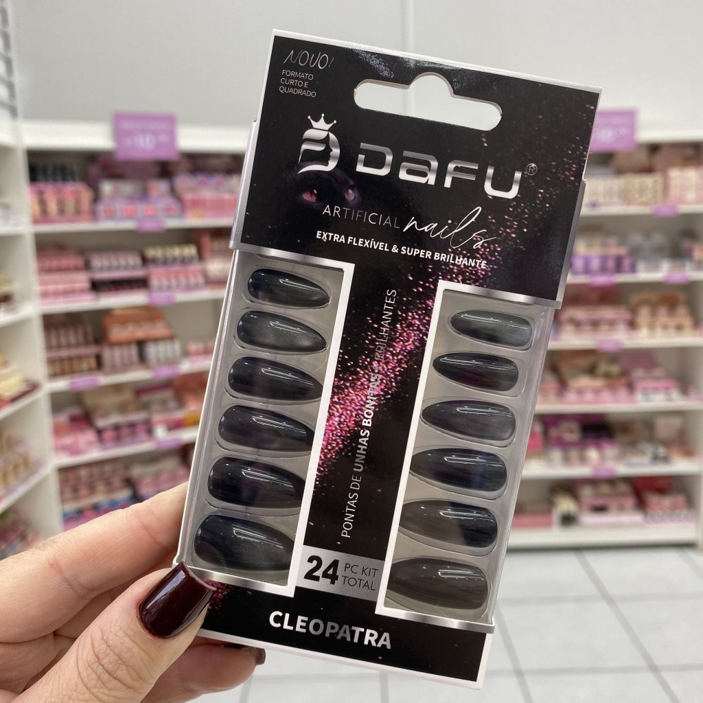 Unha Postiça Almond Efeito Magnético Preto E Brilho 24pçs - Dafu UP0225
