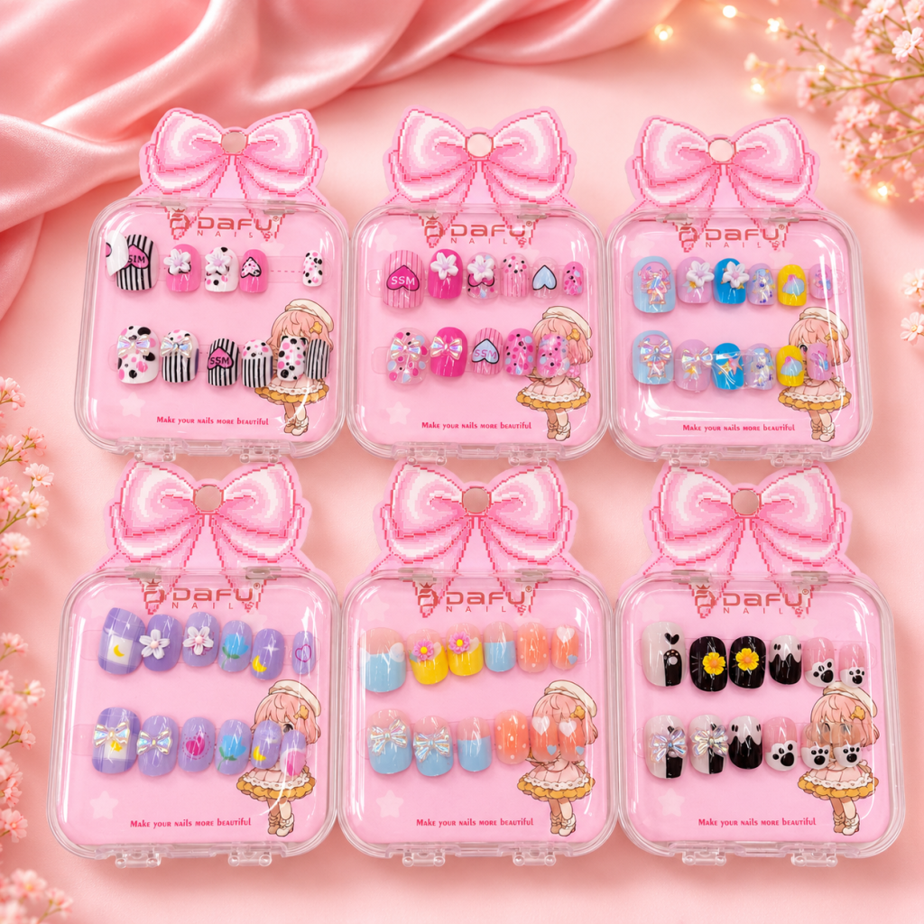 Unha Postiça Infantil Desenho E Pedraria Fofa (Embalagem Laço Rosa) - Dafu Nail UP0232