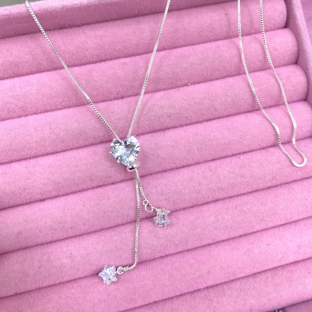 Colar prata folheado modelo gravata ponto de luz coração e estrela ✨
