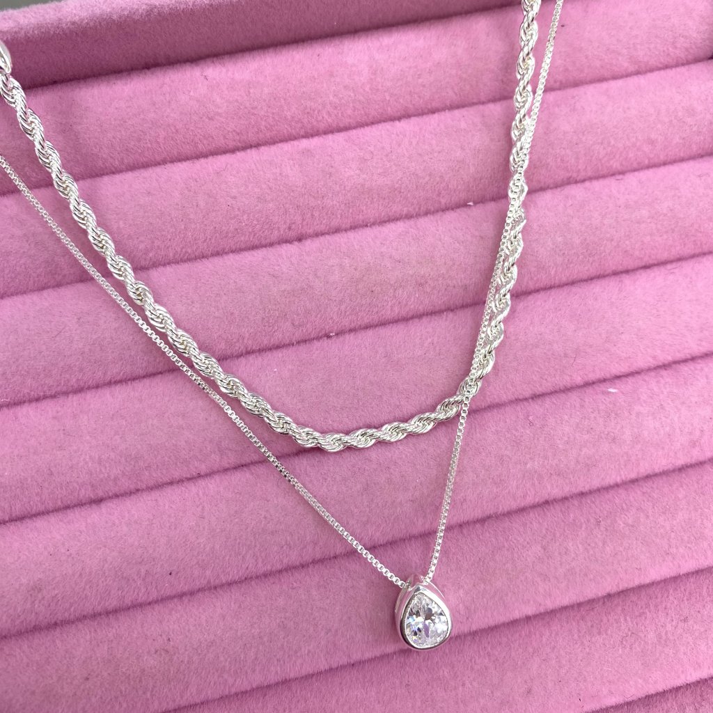 Colar duo prata folheado fio corda e gota cristal ✨
