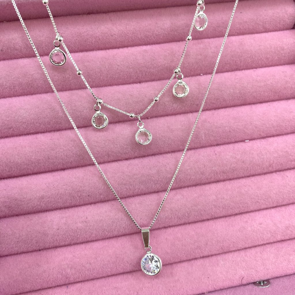 Colar duo prata folheado ponto de luz pendurado e ponto de luz ✨