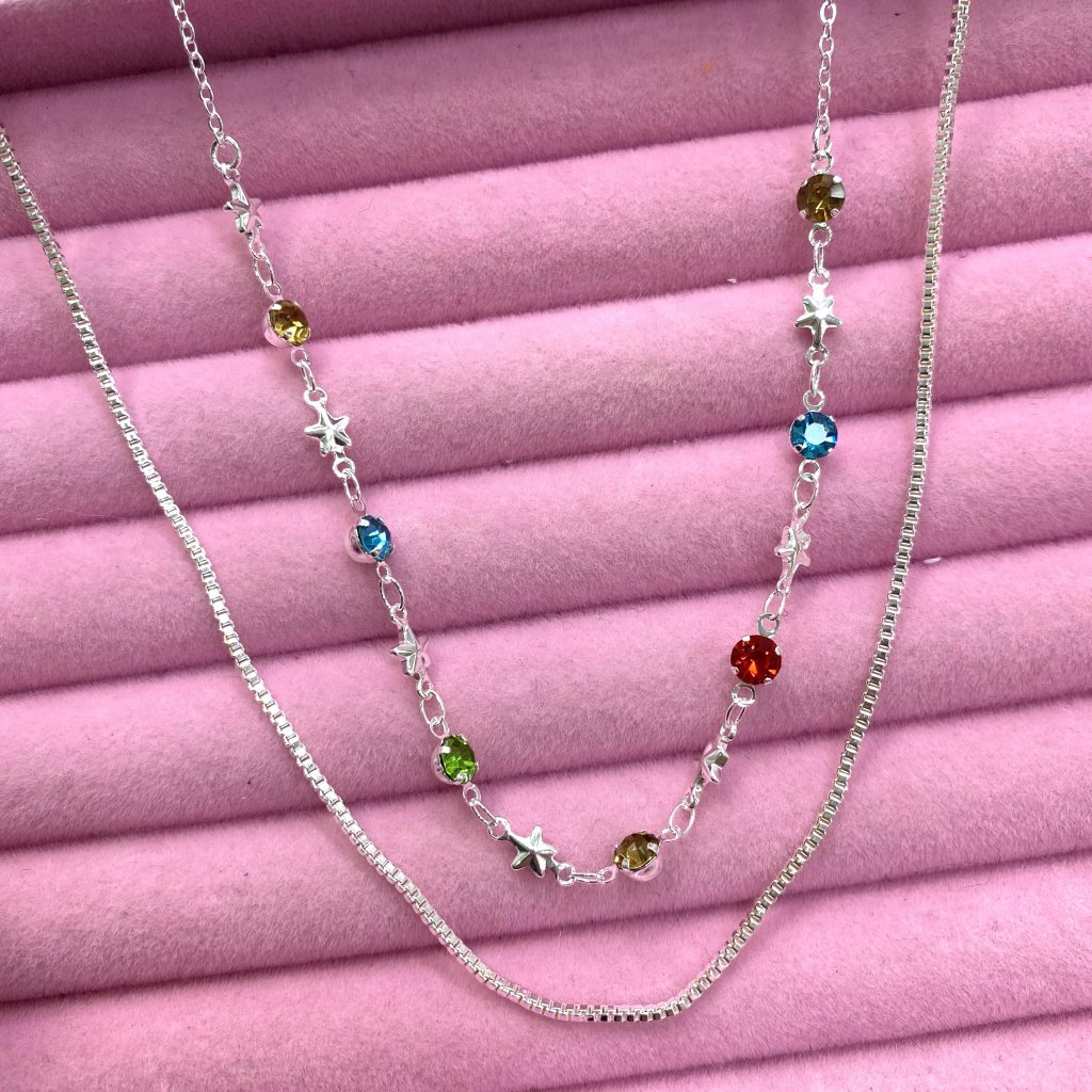 Colar duo prata folheado fio persiana médio e mini estrela e ponto de luz coração ✨