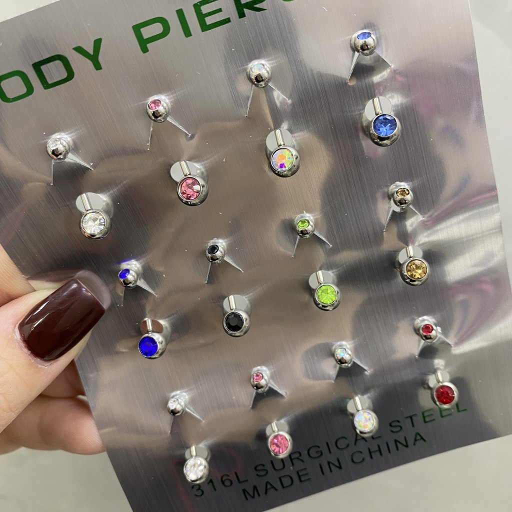 Piercing de umbigo em aço inox ponta dupla de pedrinha colorida ✨