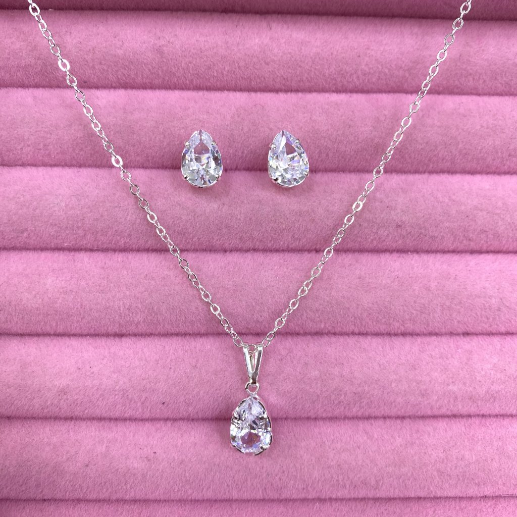 Conjunto colar e brinco prata folheado formato gota de luz ✨