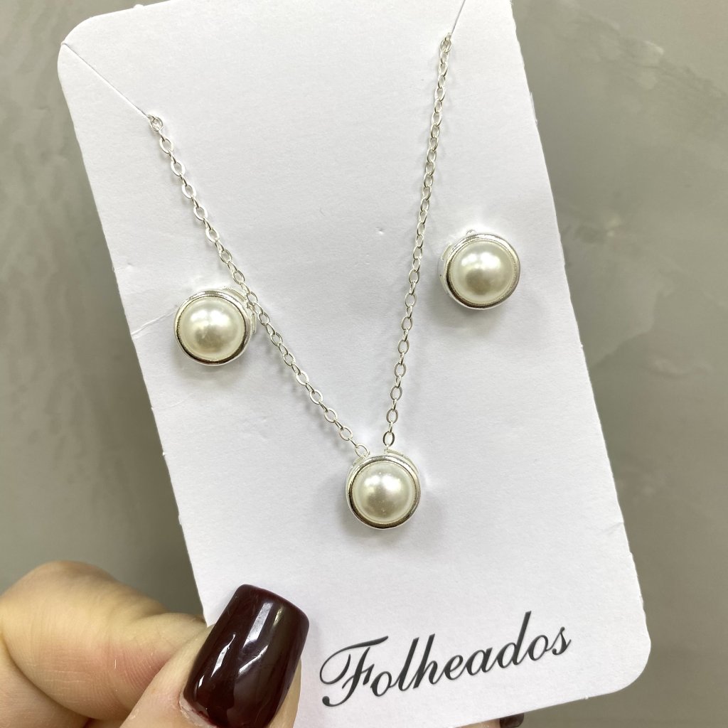 Conjunto colar e brinco prata folheado modelo pérola (bolinha) ✨