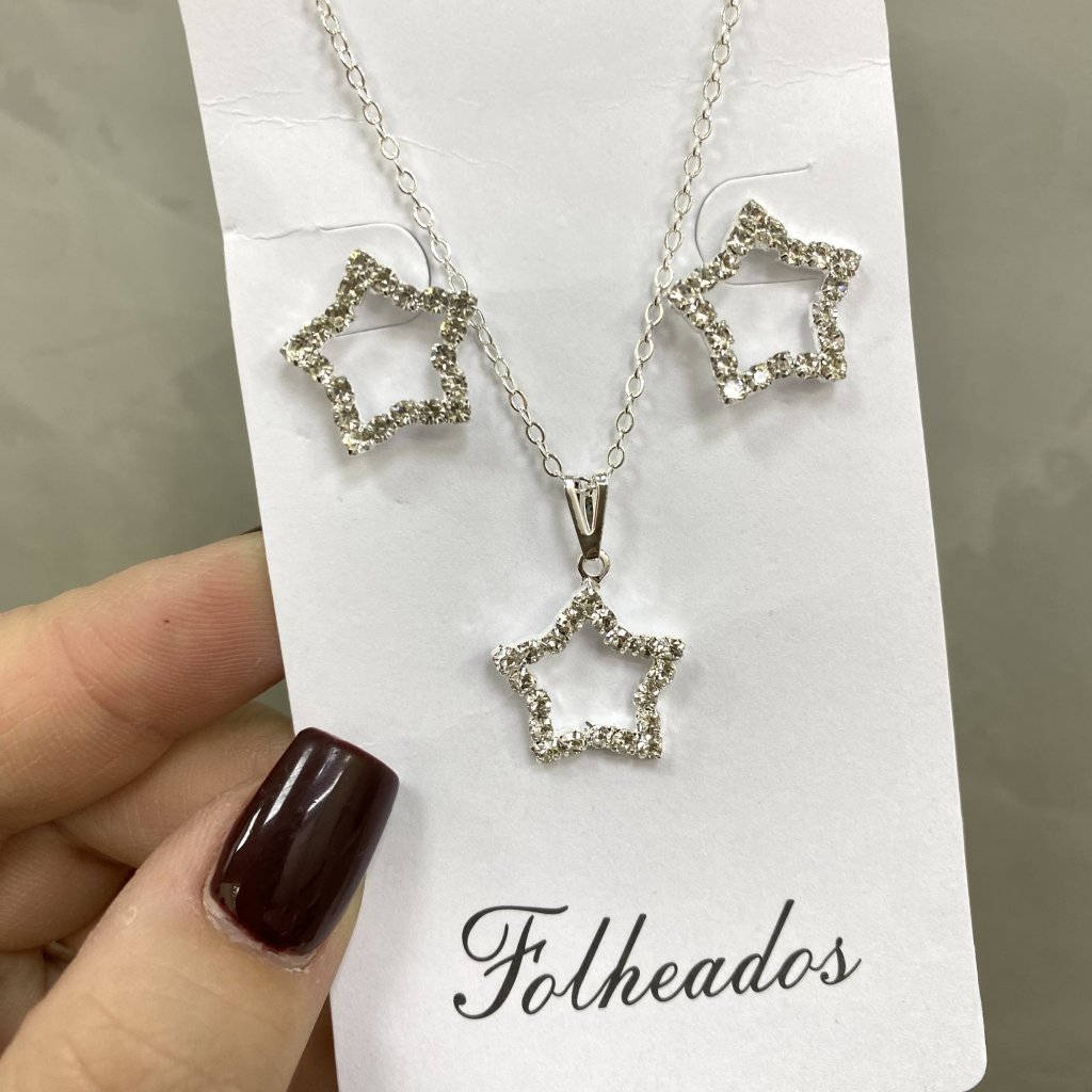 Conjunto colar e brinco prata folheado modelo estrela cravejada ✨