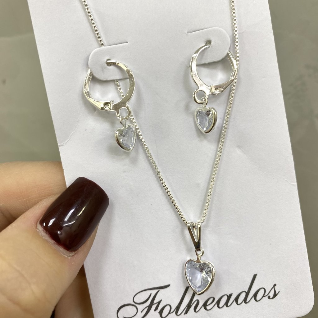 Conjunto colar e brinco argolinha prata folheado modelo coração ✨
