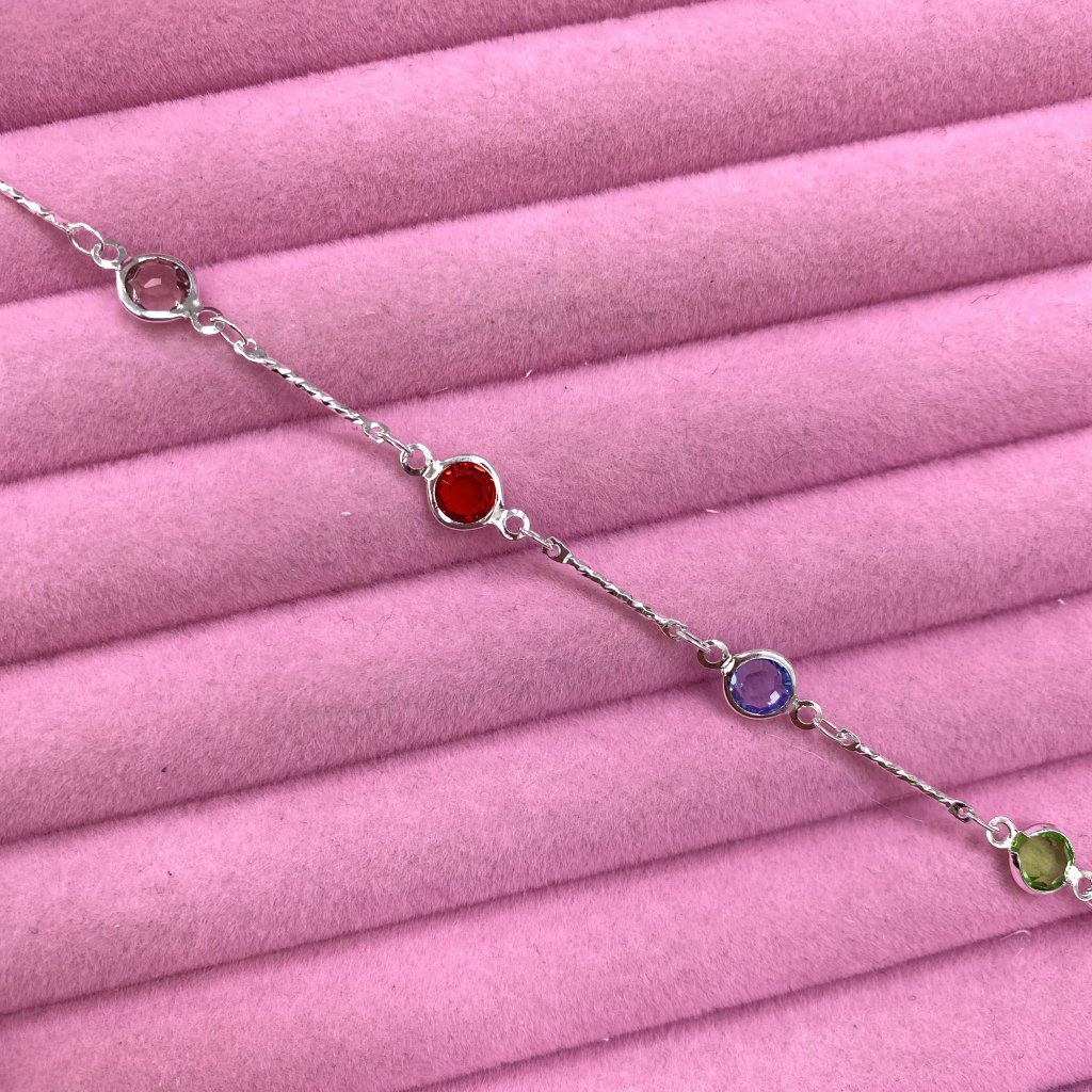 Pulseira prata folheado ponto de luz colorido e fio detalhado ✨
