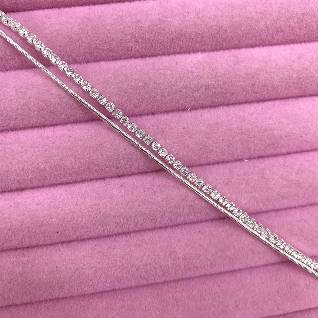 Pulseira duo prata folhado fio cravejado e fio fino ✨