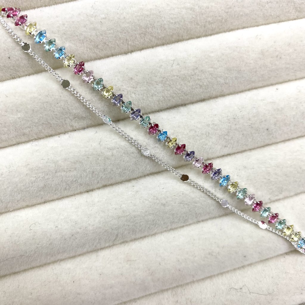 Pulseira duo prata folheado mini bolinha e fio cravejado colorido ✨