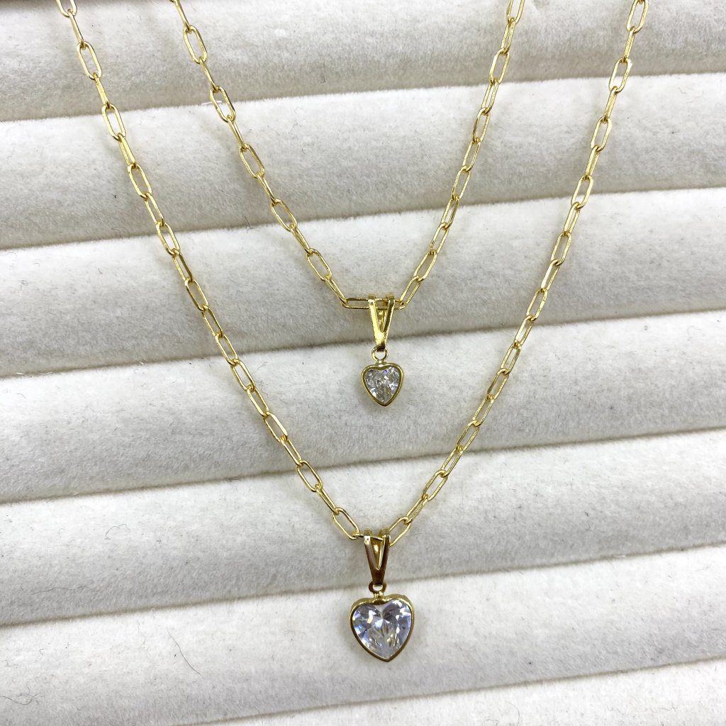 Colar duo folheado dourado elos fino pingente coração ✨