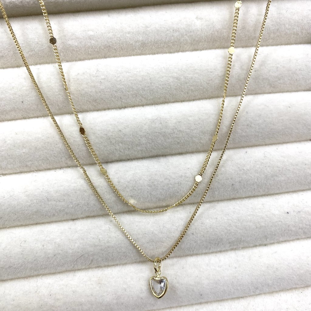 Colar duo folheado dourado fio mini bolinha achatado e coração ✨