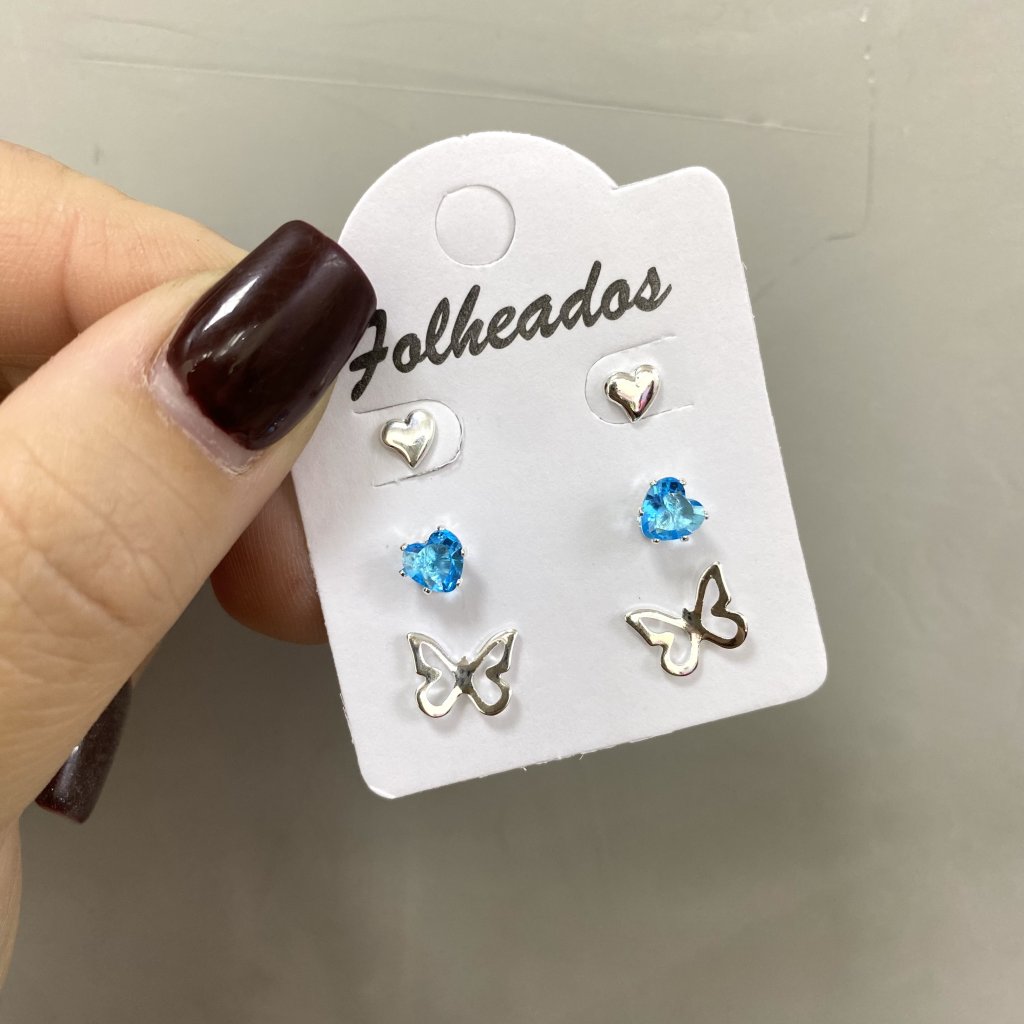 Trio de brincos prata folheado mini coração, coração azul e borboleta 🦋 