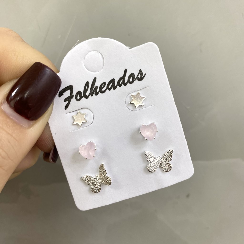 Trio de brincos prata folheado estrela coração rosa e borboleta ✨