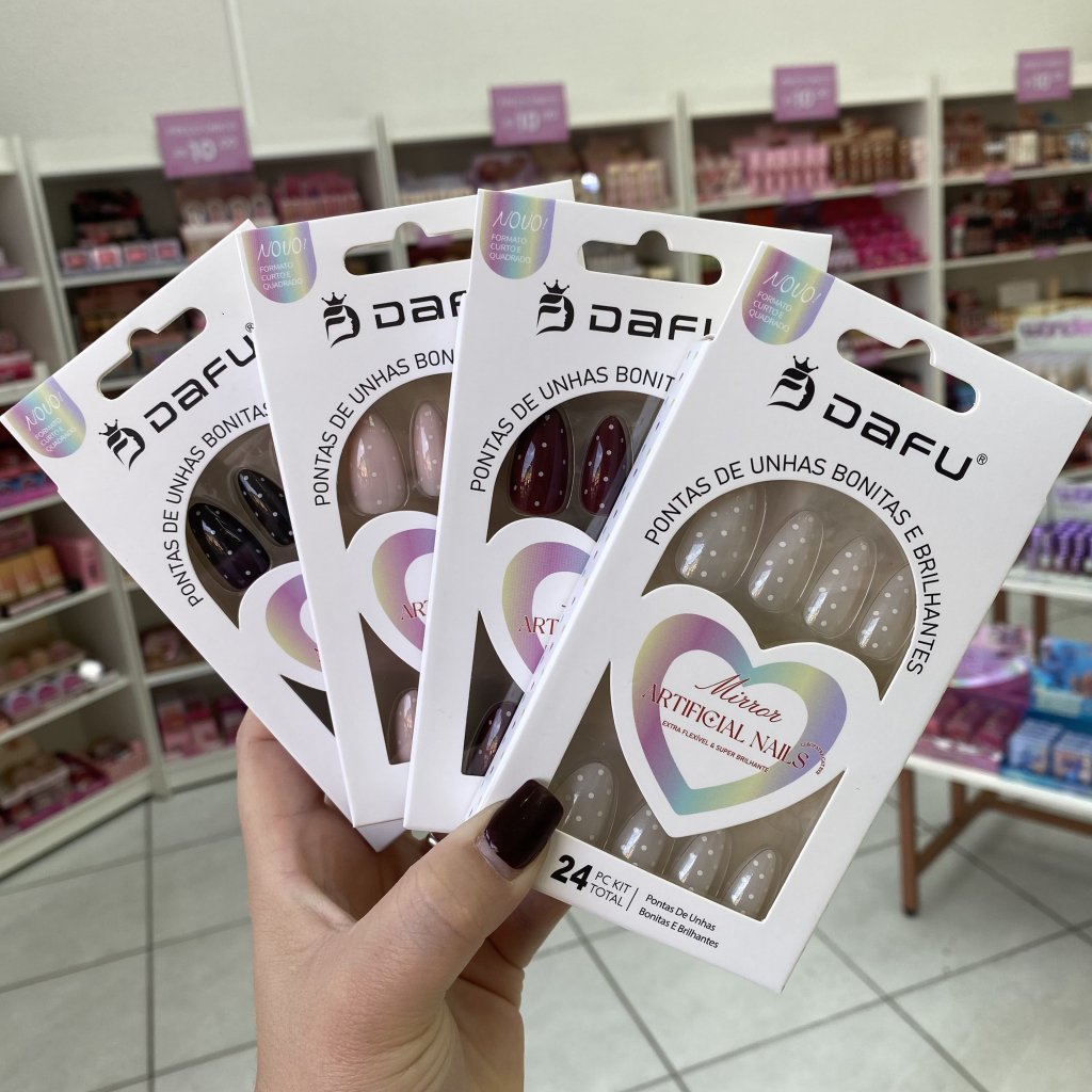 Unha Postiça Almond Mirror Estilo Poa (Mini Bolinhas Brancas) - Dafu UP0243