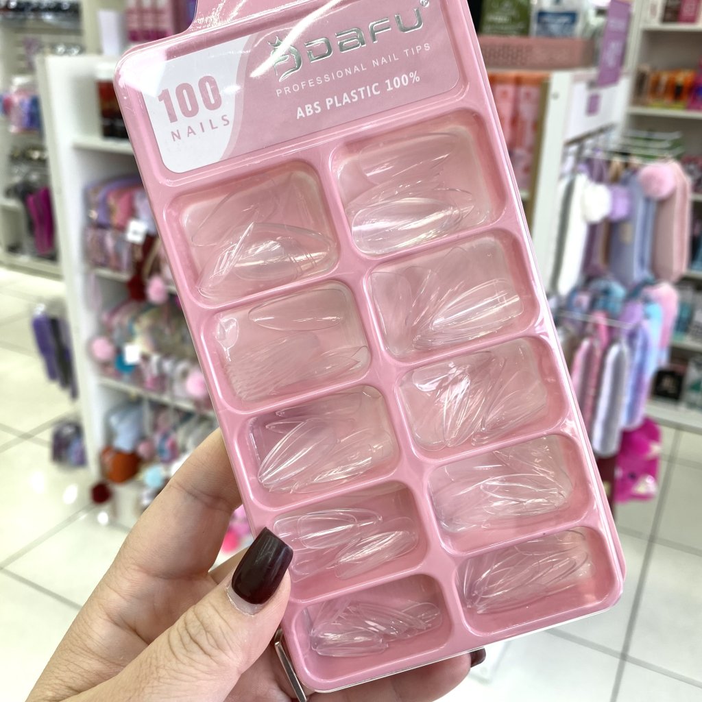 Unha Postiça Tips Modelo Almond Transparente 100pçs (Embalagem Rosa) - Dafu UP0245