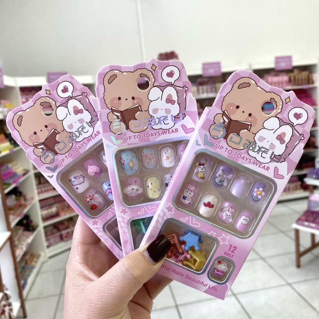 Unha Postiça Infantil + Mini Presilha (Embalagem Rosa Urso) - Dafu UP0248