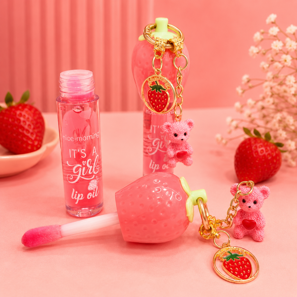 Gloss labial mágico + chaveiro morango e urso ✨ GLOS0418