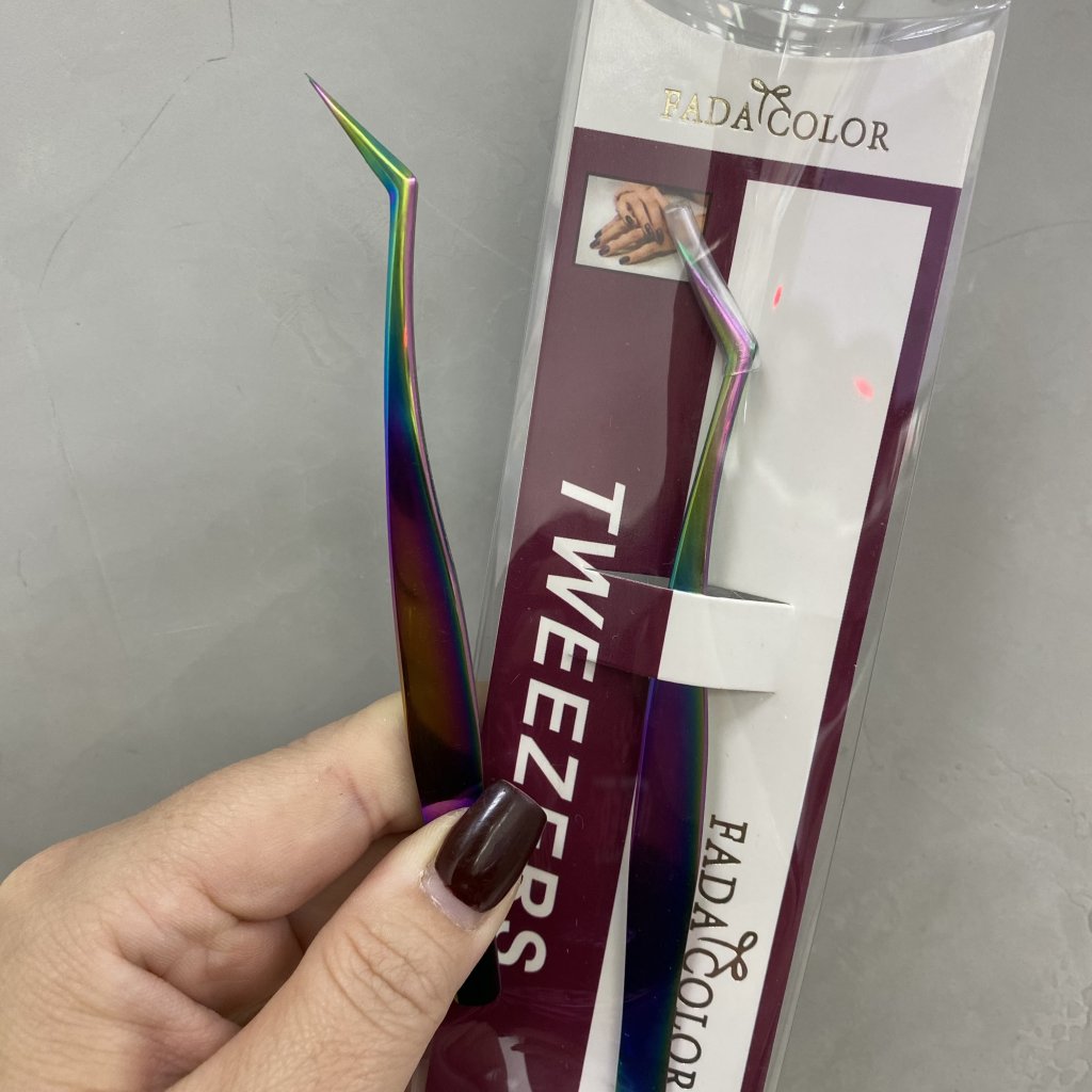 Pinça aço cromado ponta fina curva em L - Fada Color 