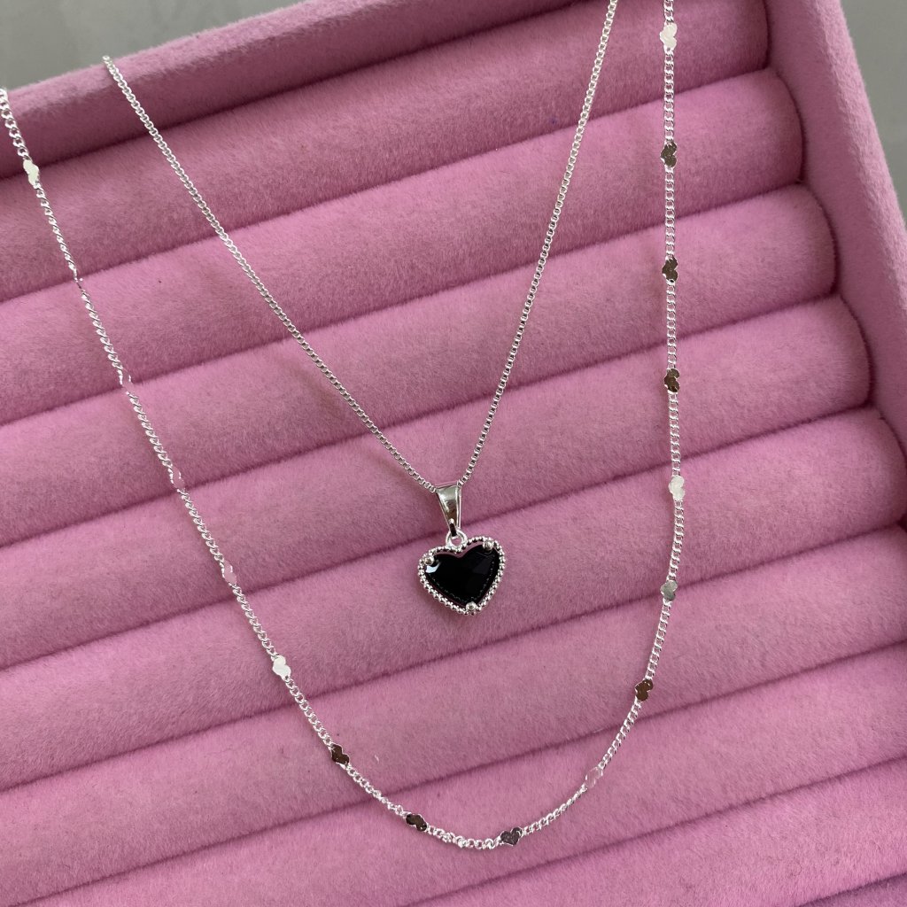 Colar duo prata folheado pingente coração e fio mini coração ♥️