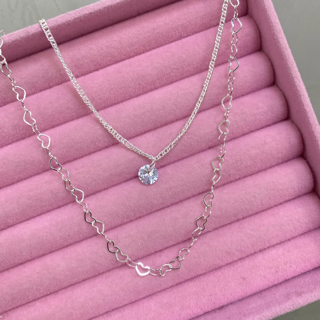 Colar duo prata folheado fio coração e ponto de luz ✨