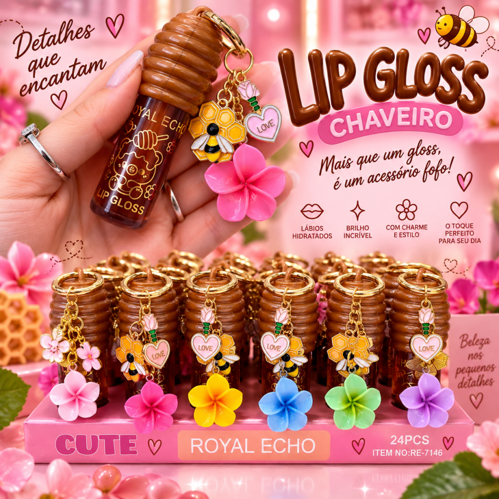 Lip gloss Mel 🍯 + chaveiro flor e abelha - Royal Echo