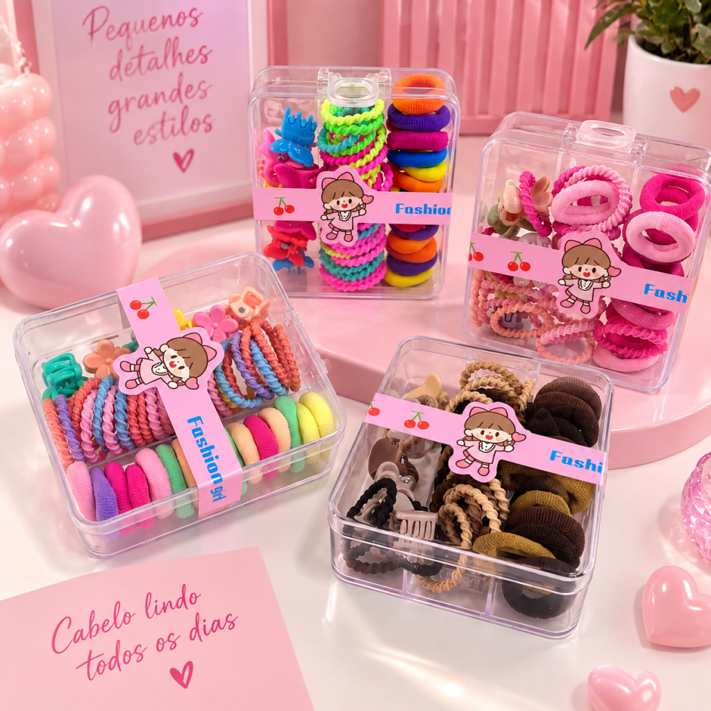 Kit Mini Elásticos + Mini Presilhas Infantil (Caixinha) ✨ INF0091