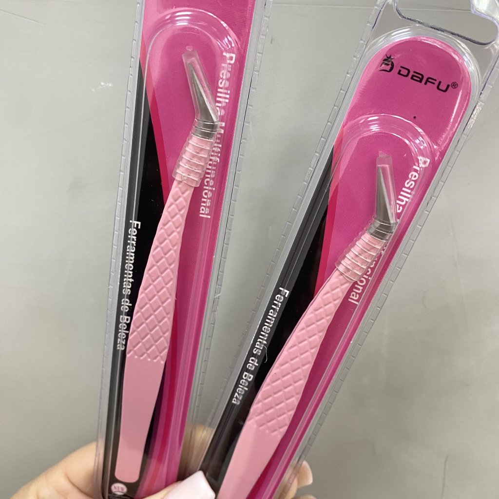 Pinça Aço Inox Cabo Rosa Ponta Fina Curva Em L - Dafu AC0119