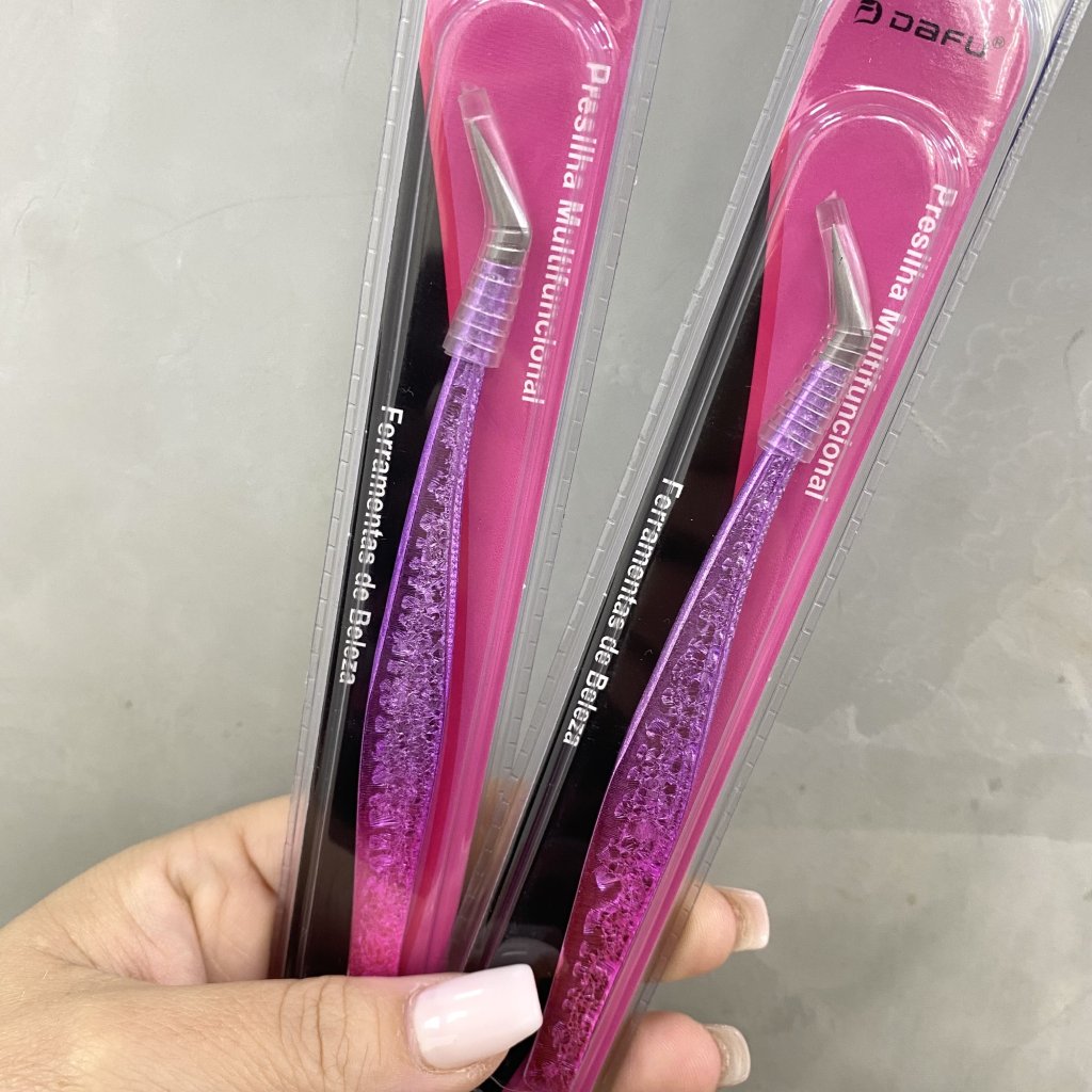 Pinça Em Aço Inox Cromada Rosa Ponta Fina Curva Em L - Dafu AC0121