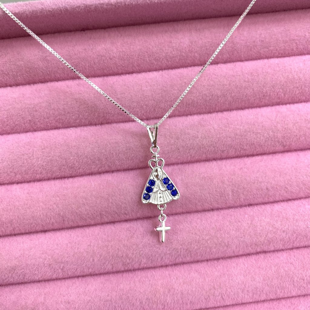 Colar prata folheado nossa senhora de aparecida cravejado azul e mini cruz ✨