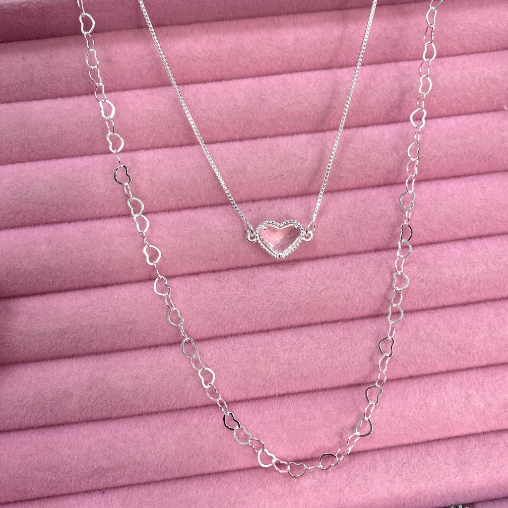 Colar duo prata folheado fio corações e coração transparente ✨
