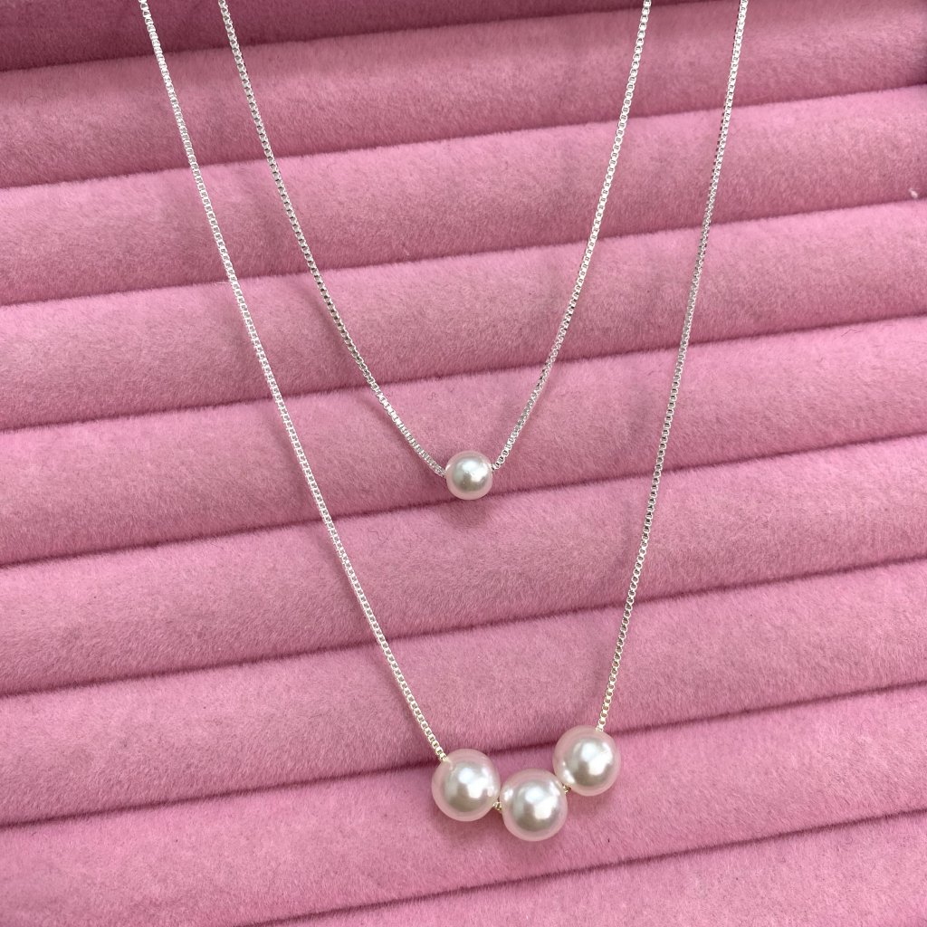Colar duo prata folheado pérola ✨