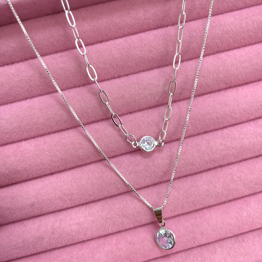 Colar duo prata folheado elos fino ponto de luz ✨