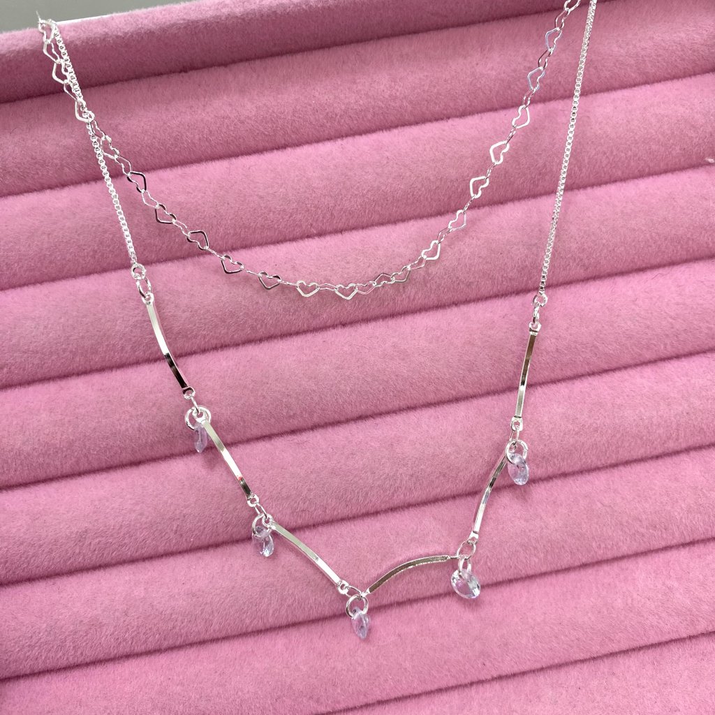 Colar duo prata folheado fio mini corações e fio detalhado e mini ponto de luz ✨