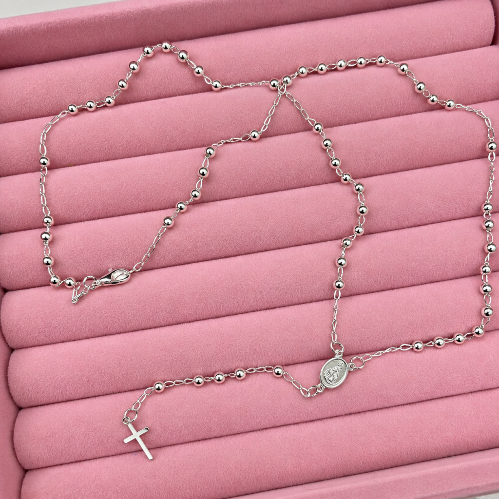 Colar prata folheado Terço mini bolinhas ✨