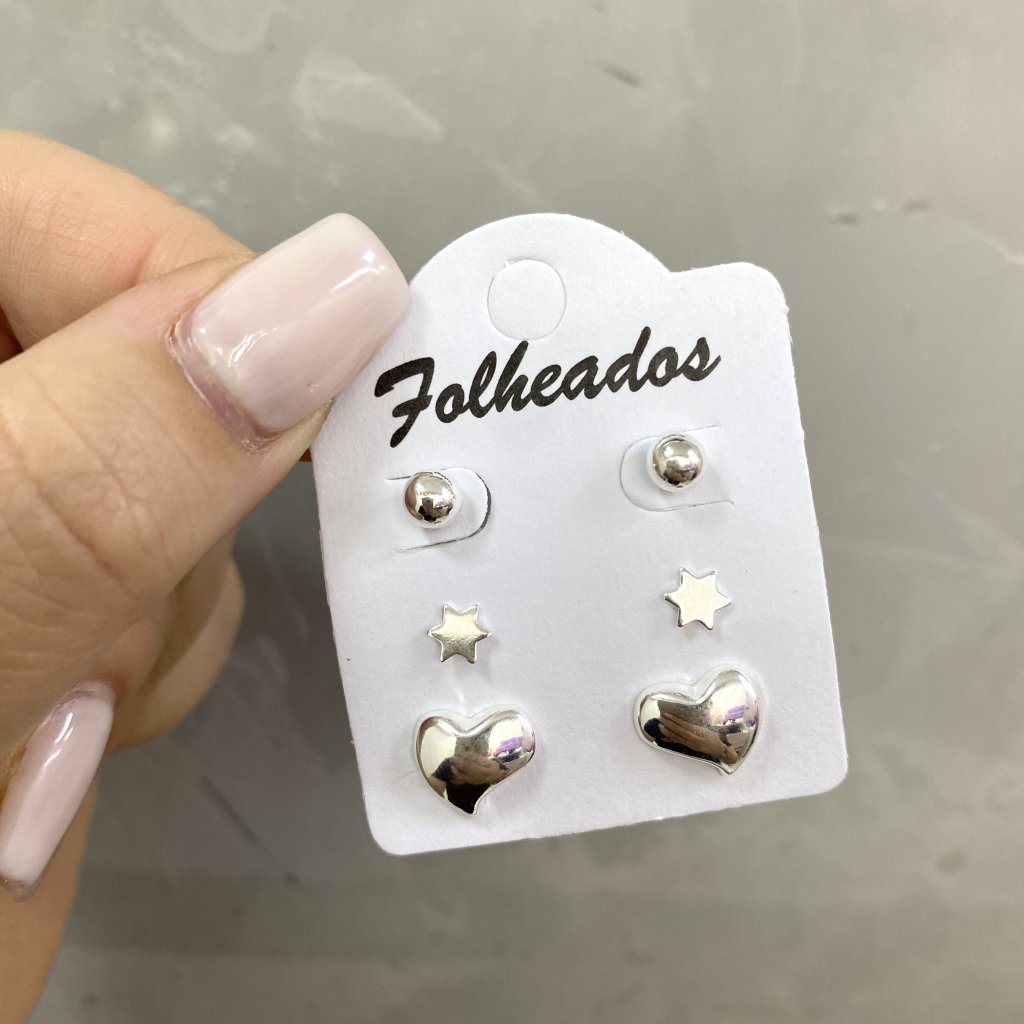 Trio de brincos prata folheado bolinha, estrela e coração ✨
