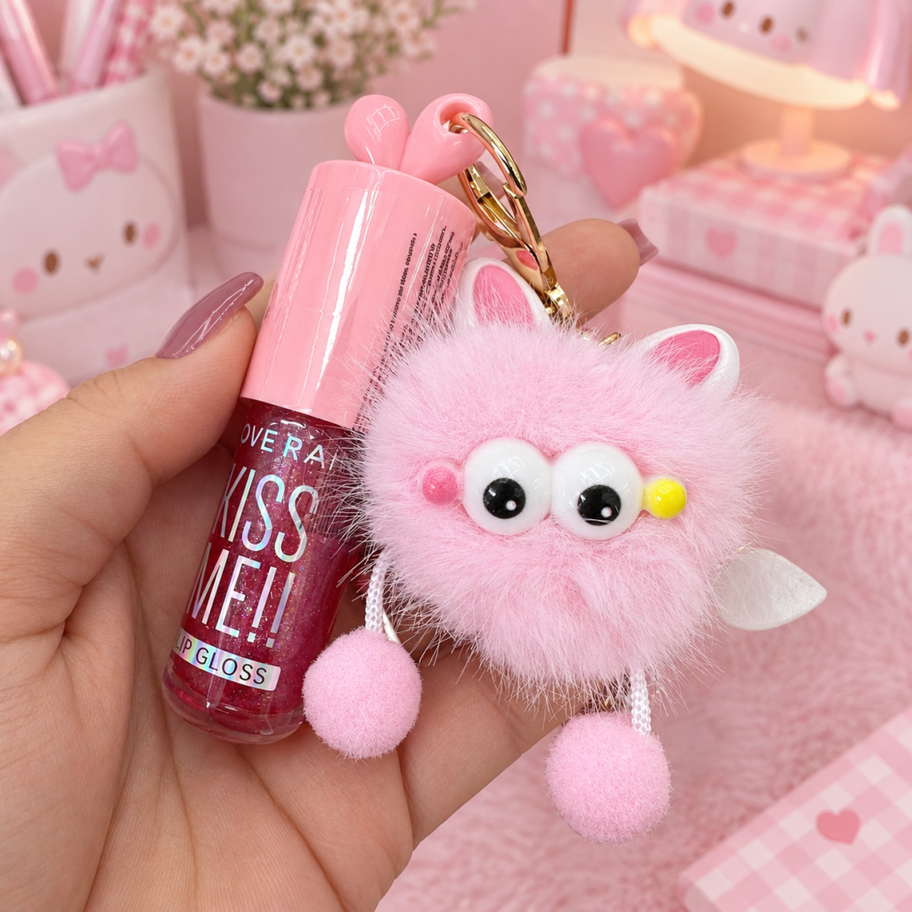 Gloss labial + chaveiro Pompom fofo LR-7174 - Love Rain