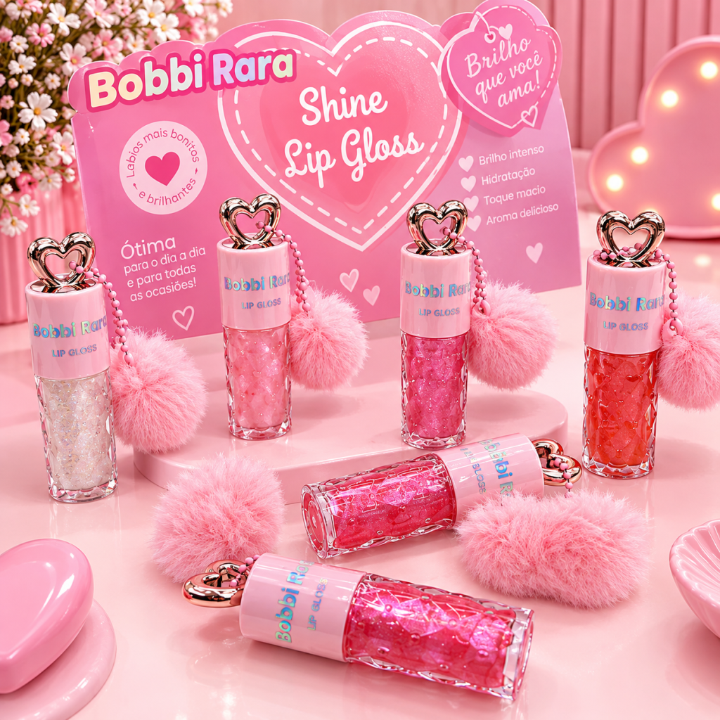Lip gloss shine + chaveiro Pompom coração BR-02558 - Bobbi Rara
