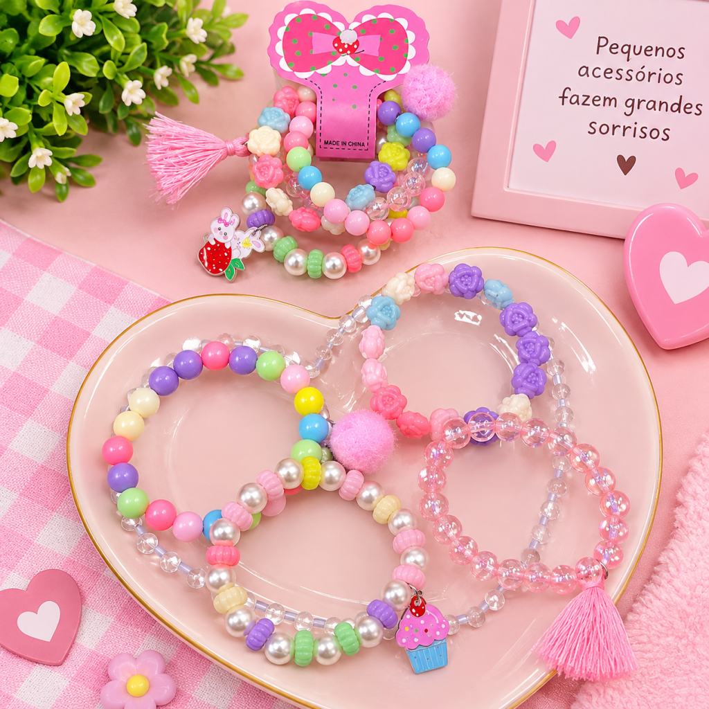 Pulseira infantil miçangas coloridas e Pompom Rosa 💕