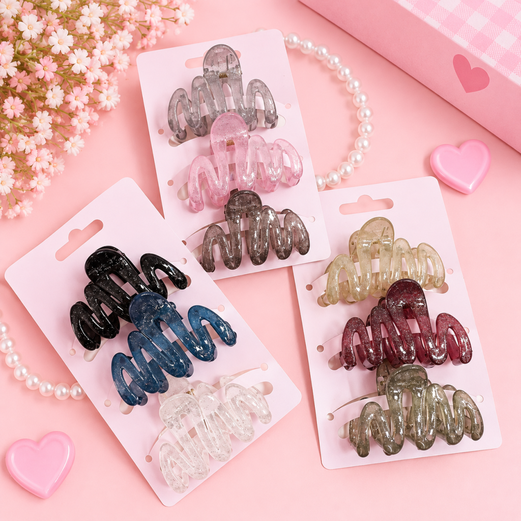 Kit com 3 presilha pequena modelo ondulado com brilho ✨